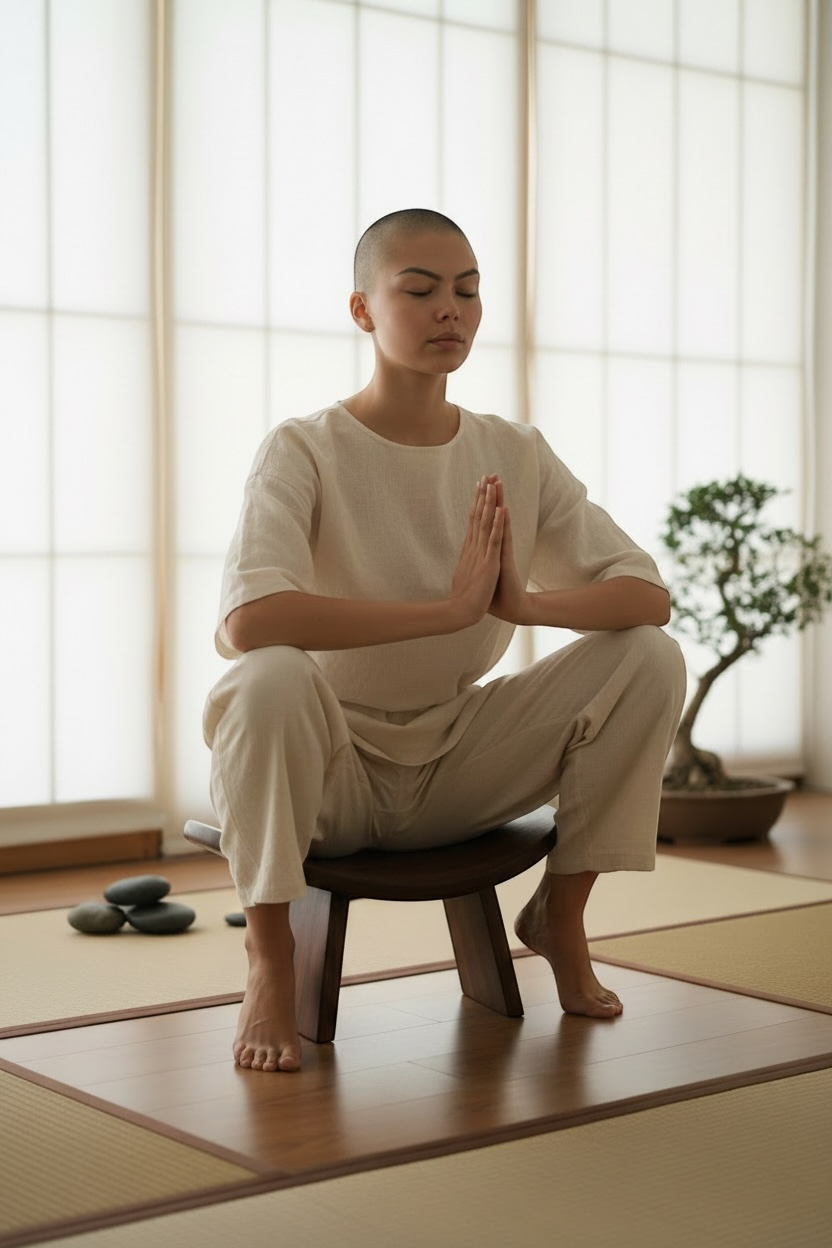 Person meditating in a serene room with large windows and a bonsai tree, sitting on wood stool.